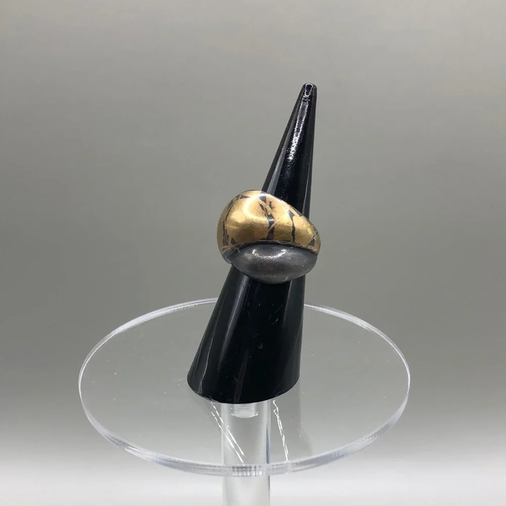 Sterling silver 925 brushed 14k gold modernist, contrasting, art to wear ring.